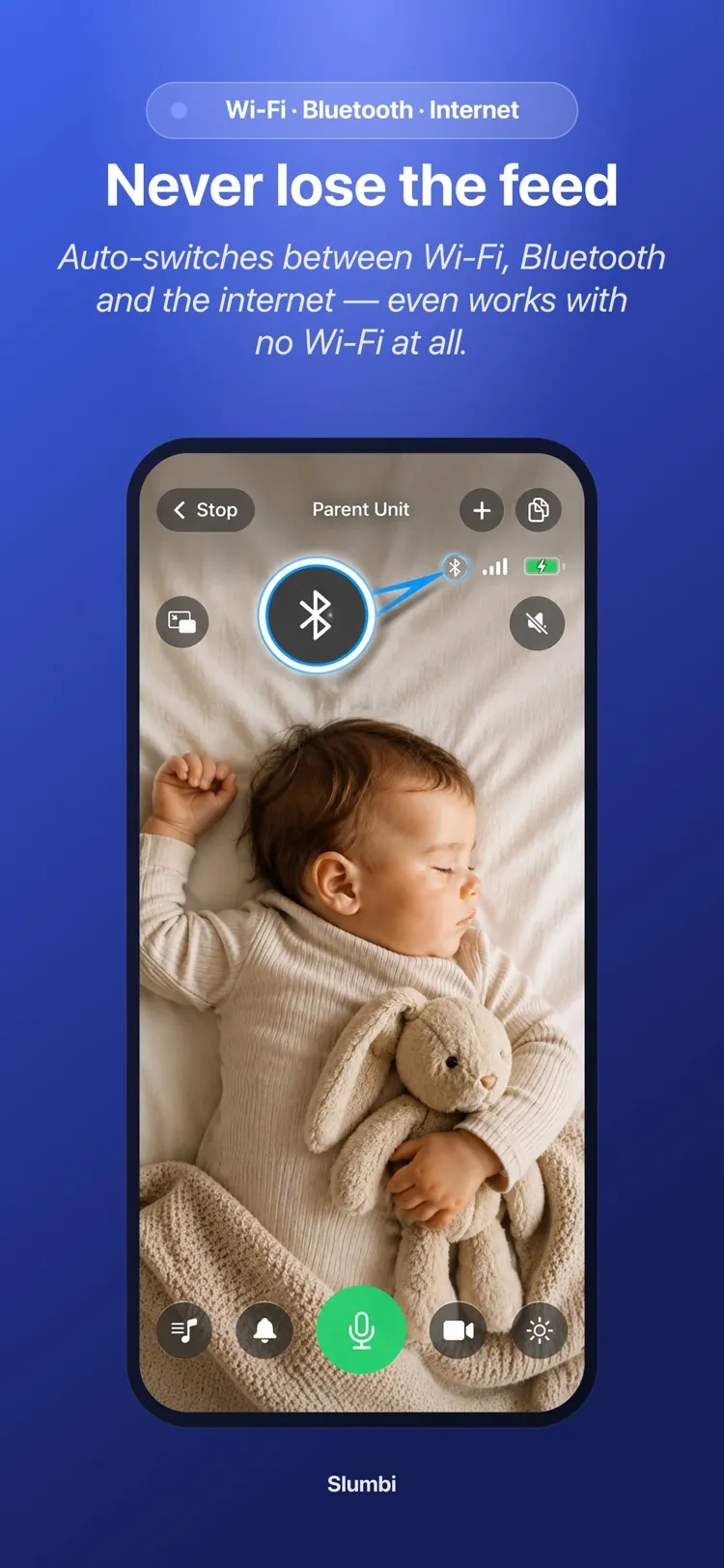 Slumbi showing the connection badge as it moves between Wi-Fi, Bluetooth and the internet