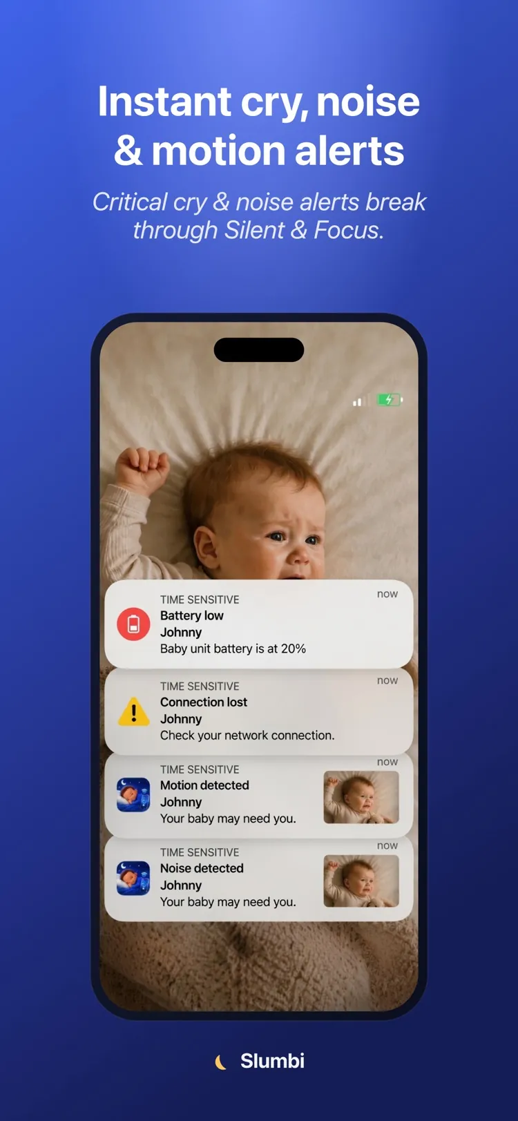 A cry alert from Slumbi arriving on a locked iPhone