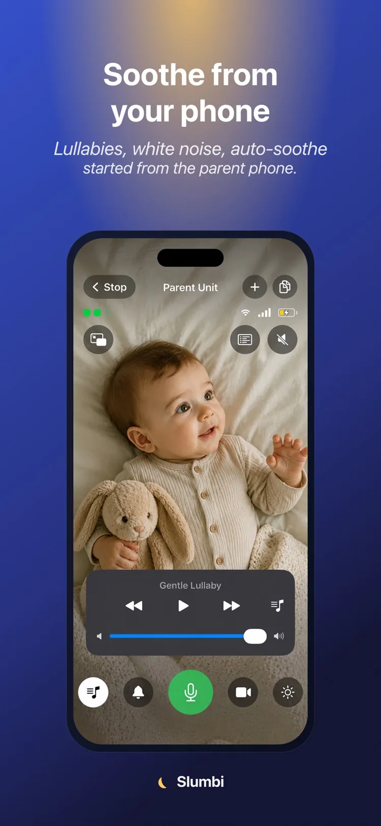 Slumbi lullaby and white-noise controls on the parent phone